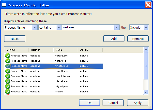 Process Monitor フィルター式